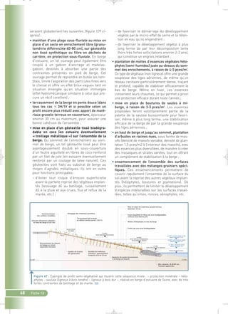 _ _ g 
68 Fiche 12 
– de favoriser le démarrage du développement 
végétal par le micro-effet de serre et la réten-tion 
en eau qu’ils engendrent ; 
– de favoriser le développement végétal à plus 
long terme de par leur décomposition lente 
(hors très fortes sollicitations environ 2-3 ans), 
qui constitue un engrais retardant ; 
• plantation de mottes d’essences végétales hélo-phytes 
(semi-humides) juste au-dessus du som-met 
des enrochements, à raison de 4-5 pces/m2. 
Ce type de végétaux (non ligneux) offre une grande 
souplesse des tiges aériennes, de même qu’un 
réseau racinaire particulièrement dense, traçant 
et profond, capable de stabiliser efficacement le 
bas de berge. Même en hiver, ces essences 
conservent leurs chaumes, ce qui permet a priori 
une protection efficace durant toute l’année ; 
• mise en place de boutures de saules à mi-berge, 
à raison de 3-5 pces/m2. Les essences 
proposées feront volontairement partie de la 
palette de la saulaie buissonnante pour favori-ser, 
même à plus long terme, une stabilisation 
efficace de la berge de par la grande souplesse 
des tiges aériennes ; 
• en haut de berge et jusqu’au sommet, plantation 
d’arbustes en racines nues, sous forme de mas-sifs 
(densité de massifs variable, densité de plan-tation 
1.5 pces/m2 à l’intérieur des massifs), avec 
des essences plus diversifiées, de manière à créer 
des mosaïques et strates variées, tout en offrant 
un complément de stabilisation à la berge ; 
• ensemencement de l’ensemble des surfaces 
travaillées avec des mélanges grainiers spéci-fiques. 
Ces ensemencements permettent de 
couvrir rapidement l’ensemble de la surface du 
sol avant la reprise des autres végétaux implan-tés 
(hélophytes, boutures et plantations). De 
plus, ils permettent de limiter le développement 
d’espèces indésirables sur les surfaces travail-lées, 
telles qu’orties, ronces, xénophytes, etc. 
seraient globalement les suivantes (figure 129 ci-après) 
: 
• maintien d’une plage sous-fluviale ou mise en 
place d’un socle en enrochement libre (granu-lométrie 
différenciée 40-80 cm), sur géotextile 
non tissé synthétique ou filtre en déchets de 
carrière, en protection sous-fluviale. En berge 
d’estuaire, un tel ouvrage peut également être 
couplé à un gabion d’ancrage et matelas-gabion, 
destinés à absorber une partie des 
contraintes présentes en pied de berge. Cet 
ouvrage permet de reprendre en butée les rem-blais, 
limite l’aspiration des particules fines vers 
le chenal et offre un effet brise-vagues tant en 
situation émergée qu’en situation immergée 
(effet hydromécanique similaire à celui que pro-cure 
un récif corallien) ; 
• terrassement de la berge en pente douce (dans 
tous les cas  3H/1V et si possible selon un 
profil encore plus réduit) avec apport de maté-riaux 
gravelo-terreux en couverture, épaisseur 
environ 30 cm au maximum, pour assurer une 
bonne cohésion de l’ensemble ; 
• mise en place d’un géotextile tissé biodégra-dable 
en coco (en estuaire éventuellement 
« treillage métallique ») sur l’ensemble de la 
berge. Du sommet de l’enrochement au som-met 
de berge, un tel géotextile tissé peut être 
avantageusement doublé en sous-couverture 
d’un feutre aiguilleté en fibres de coco renforcé 
par un filet de jute (en estuaire éventuellement 
renforcé par un coulage de latex naturel). Ces 
géotextiles sont fixés au substrat de berge au 
moyen d’agrafes métalliques. Ils ont en outre 
pour fonctions principales : 
– d’éviter tout risque d’érosion superficielle 
avant la parfaite reprise des végétaux implan-tés 
(lessivage dû au batillage, ruissellement 
dû à la pluie et aux crues, flux et reflux de la 
marée, etc.) ; 
Figure 67 : Exemple de profil semi-végétalisé qui illustre cette séquence mixte : – protection minérale – hélo-phytes 
– saulaie (ligneux à bois tendre) – ligneux à bois dur –, réalisé en berge d’estuaire de Seine, avec de très 
fortes contraintes de batillage et de marée.` 
 