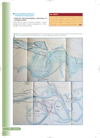 _ _ g 
■ Etude préalable et éléments 
nécessaires à l’avant-projet 
– Diagnostic géomorphologique, hydraulique et 
écologique global 
Historique et type de travaux réalisés : simple 
endiguement (étroit, large) ; endiguement + reca-librage 
+ rescindements, etc. 
76 Fiche 13 
§NOTA 
Les études spécifiques présentées ci-après 
concernent les digues « vraies ». L’enlèvement de 
merlons de curage le long des petits cours d’eau 
pourra être réalisé à moindres coûts et sans 
nécessiter un tel niveau d’étude préalable. § 
Figure 77 : Exemple d’analyse historique de la construction d’un réseau de digue suite à un rescindement arti-ficiel 
de méandre (1859 puis 1882) (source : Archives départementales du Jura).` 
 
