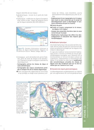 FICHE 13 
Suppression des digues, élargissement de l’intra-digues 
77 
_ _ g 
Impacts identifiés de ces travaux : 
• géodynamiques : incision du lit, perte de mobi-lité, 
etc. ; 
• hydrauliques : modification du régime d’inondation 
local, amont et aval ; niveau de protection fourni 
par les digues existantes (Q2, Q10, Q100 etc.) ; 
taines de mètres, voire kilomètres, pourra 
éventuellement être déplacée plus près du vil-lage. 
– Etablissement d’une topographie du lit majeur 
dans toute la zone concernée par le projet de 
désendiguement (zone à désendiguer et plu-sieurs 
kilomètres de part et d’autre). 
Semis de point. 
Profils en travers comprenant le lit mineur, 
les digues, le lit majeur. 
– Analyse des propriétés foncières dans la zone 
concernée par le projet. 
– Modélisation hydraulique des effets d’un dés-endiguement 
et évaluation des impacts géo-morphologiques. 
 Modélisation hydraulique 
Une étude hydraulique très poussée doit être réa-lisée, 
dont le niveau de précision sera fonction des 
enjeux actuellement protégés par les digues et du 
linéaire à désendiguer. 
Il s’agira de modéliser le fonctionnement hydrau-lique 
actuel, a minima à l’échelle du tronçon géo-morphologique 
homogène, puis l’évolution de ce 
fonctionnement en fonction de divers scénarii de 
suppression, d’abaissement ou d’écartement des 
digues. Il est évident en effet que la modification 
des caractéristiques actuelles du réseau de 
digues aura des incidences tant sur le site lui-même 
que sur l’amont et sur l’aval. 
 Evaluation des impacts géomorphologiques. 
Le désendiguement va généralement se traduire 
par une augmentation de l’activité géodynamique 
Figure 78 : Exemple d’informations concernant le 
réseau de digues (positionnement, fréquence de 
submersion) (source : Malavoi, Safège, 2006).` 
• écologiques : perte de biodiversité, perte d’habi-tats, 
perte de zones de refuge ou de reproduc-tion. 
Evaluation du gain écologique à attendre du 
désendiguement. 
– Cartographie précise du réseau de digue et 
cotes altimétriques. 
– Cartographie des enjeux actuellement proté-gés 
et analyse fine de la relation digue/enjeu. 
Ainsi une digue très rapprochée du cours d’eau 
et qui protège un village situé à plusieurs cen- 
Figure 79 : Exemple 
de réseau de digue 
pouvant être modifié 
pour conserver le 
même niveau de 
protection de l’enjeu 
principal (le village). 
On perdra par contre 
la protection 
des terrains agricoles 
actuellement peu 
submersibles mais 
on gagnera, outre 
une meilleure 
fonctionnalité 
écologique, 
un meilleur 
écrêtement 
des crues pour l’aval 
(source : Malavoi, 
Safège, 2004).` 
 