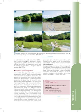 FICHE 14 
Suppression d’étangs 
83 
Figure 87 : Vue d’un des étangs supprimés. a) L’étang en eau. b) Immédiatement après la vidange (juin 2006). c) 2 
mois après la vidange (septembre 2006). d) Mai 2007.` 
Le coût total des travaux de restauration (2006) a 
été d’environ 28 000 € HT (animation, dossiers 
réglementaires, pêches électriques d’inventaire, 
vidange, destruction des digues) soit, sur la base 
du linéaire de cours d’eau « regagné » (700 m), 
environ 40 € HT/ml. 
 Evolution et appréciation générale 
Les bienfaits écologiques de cette suppression 
d’étangs sont évidents : disparition d’obstacle à la 
libre circulation des espèces, renaissance pro-gressive 
du cours d’eau, suppression des impacts 
thermiques. Rappelons que l’un des objectifs des 
partenaires du projet était de laisser le cours 
d’eau faire lui-même le « travail » de restauration 
hydromorphologique et de suivre cette évolution. 
Du point de vue écologique, on observe, un an 
après les travaux, une explosion végétale dans le 
fond des anciens étangs avec un tapis quasiment 
monospécifique de saules blancs. Certaines bio-cénoses 
aquatiques semblent aussi se réinstaller, 
notamment celles des milieux annexes (batra-ciens 
et amphibiens). Pour ce qui concerne l’ajus-tement 
hydromorphologique, on constate que le 
cours d’eau reprend effectivement ses droits avec 
un tracé légèrement sinueux dans un lit globale-ment 
très peu encaissé (berges de 10-20 cm de 
hauteur). Les alluvions grossières (petits galets, 
graviers et sables) étant très peu nombreuses, le 
fond du lit reste vaseux et l’on voit fréquemment 
apparaître le substrat marno-calcaire blanchâtre 
très peu biogène. 
Il est possible que ce manque d’alluvions grossiè-res 
en transit se traduise par une très faible capa-cité 
d’accueil pour les biocénoses aquatiques 
d’eau courante (notamment truites, chabots et 
astacidés). Des apports de matériaux pourraient 
donc être envisagés à terme, après 1 ou 2 années 
de suivi, si ce déficit d’habitat était avéré. 
a) 
c) 
b) 
d) 
CONTACT 
 Bertrand Barré ou Vincent Godreau 
Organisme : 
Office National des Forêts 
E-mail : bertrand.barre@onf.fr 
vincent.godreau@onf.fr 
_ _ g 
 