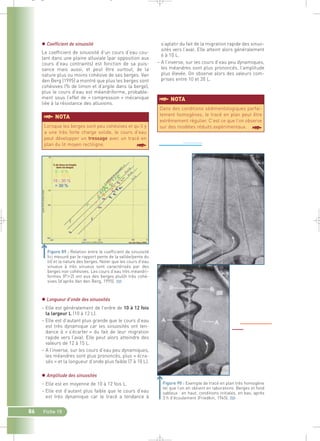 §NOTA 
86 Fiche 15 
s’aplatir du fait de la migration rapide des sinuo-sités 
vers l’aval. Elle atteint alors généralement 
6 à 10 L. 
– A l’inverse, sur les cours d’eau peu dynamiques, 
les méandres sont plus prononcés, l’amplitude 
plus élevée. On observe alors des valeurs com-prises 
entre 10 et 20 L. 
 Coefficient de sinuosité 
Le coefficient de sinuosité d’un cours d’eau cou-lant 
dans une plaine alluviale (par opposition aux 
cours d’eau contraints) est fonction de sa puis-sance 
mais aussi, et peut être surtout, de la 
nature plus ou moins cohésive de ses berges. Van 
den Berg (1995) a montré que plus les berges sont 
cohésives (% de limon et d’argile dans la berge), 
plus le cours d’eau est méandriforme, probable-ment 
sous l’effet de « compression » mécanique 
liée à la résistance des alluvions. 
Lorsque les berges sont peu cohésives et qu’il y 
a une très forte charge solide, le cours d’eau 
peut développer un tressage avec un tracé en 
plan du lit moyen rectiligne. § 
§NOTA 
Dans des conditions sédimentologiques parfai-tement 
homogènes, le tracé en plan peut être 
extrêmement régulier. C’est ce que l’on observe 
sur des modèles réduits expérimentaux. § 
Figure 89 : Relation entre le coefficient de sinuosité 
(ici mesuré par le rapport pente de la vallée/pente du 
lit) et la nature des berges. Noter que les cours d’eau 
sinueux à très sinueux sont caractérisés par des 
berges non cohésives. Les cours d’eau très méandri-formes 
(P2) ont eux des berges plutôt très cohé-sives 
(d’après Van den Berg, 1995).` 
 Longueur d’onde des sinuosités 
– Elle est généralement de l’ordre de 10 à 12 fois 
la largeur L (10 à 12 L). 
– Elle est d’autant plus grande que le cours d’eau 
est très dynamique car les sinuosités ont ten-dance 
à « s’écarter » du fait de leur migration 
rapide vers l’aval. Elle peut alors atteindre des 
valeurs de 12 à 15 L. 
– A l’inverse, sur les cours d’eau peu dynamiques, 
les méandres sont plus prononcés, plus « écra-sés 
» et la longueur d’onde plus faible (7 à 10 L). 
 Amplitude des sinuosités 
– Elle est en moyenne de 10 à 12 fois L. 
– Elle est d’autant plus faible que le cours d’eau 
est très dynamique car le tracé a tendance à 
Figure 90 : Exemple de tracé en plan très homogène 
tel que l’on en obtient en laboratoire. Berges et fond 
sableux : en haut, conditions initiales, en bas, après 
3 h d’écoulement (Friedkin, 1945).` 
_ _ g 
 