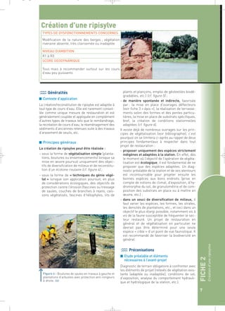 FICHE 2 
Création d’une ripisylve 
7 
plants et plançons, emploi de géotextiles biodé-gradables, 
etc.) (cf. figure 5) ; 
– de manière spontanée et indirecte, favorisée 
par : la mise en place d’ouvrages déflecteurs 
(voir fiche 3 « épis »), la réalisation de terrasse-ments 
selon des formes et des pentes particu-lières, 
la mise en place de substrats spécifiques, 
bref, la création de conditions stationnelles 
adaptées (cf. figure 6). 
Il existe déjà de nombreux ouvrages sur les prin-cipes 
de végétalisation (voir bibliographie), c’est 
pourquoi on se limitera ci-après au rappel de deux 
principes fondamentaux à respecter dans tout 
projet de restauration : 
– proposer uniquement des espèces strictement 
indigènes et adaptées à la station. En effet, dès 
le moment où l’objectif de l’opération de végéta-lisation 
est écologique, il est fondamental de ne 
proposer que des espèces adaptées. Un diag-nostic 
préalable de la station et de ses alentours 
est incontournable pour projeter ensuite les 
bonnes espèces aux bons endroits (prise en 
compte de notions de climat, d’exposition, d’hy-dromorphie 
du sol, de granulométrie et de com-position 
des substrats en place ou à mettre en 
oeuvre, etc.) ; 
– dans un souci de diversification de milieux, il 
faut varier les espèces, les formes, les strates, 
les densités de plantations, etc., et ceci dans un 
objectif le plus élargi possible, notamment vis à 
vis de la faune susceptible de fréquenter le sec-teur 
restauré. Un projet de restauration en 
général et de végétalisation en particulier ne 
devrait pas être déterminé pour une seule 
espèce « cible » d’un point de vue faunistique. Il 
est recommandé de favoriser la biodiversité en 
général. 
Préconisations 
■ Etude préalable et éléments 
nécessaires à l’avant-projet 
Diagnostic de terrain obligatoire à confronter avec 
les éléments de projet (relevés de végétation exis-tante 
(adaptée ou inadaptée), conditions de sol, 
d’exposition, analyse du comportement hydrauli-que 
et hydrologique de la station, etc.). 
_ _ g 
Création d’une ripisylve 
TYPES DE DYSFONCTIONNEMENTS CONCERNES 
Modification de la nature des berges ; végétation 
riveraine absente, très clairsemée ou inadaptée 
NIVEAU D’AMBITION 
R1 à R3 
SCORE GEODYNAMIQUE 
Tous mais à recommander surtout sur les cours 
d’eau peu puissants 
Généralités 
■ Contexte d’application 
La création/reconstitution de ripisylve est adaptée à 
tout type de cours d’eau. Elle est rarement conseil-lée 
comme unique mesure de restauration et est 
généralement couplée et appliquée en complément 
d’autres types de travaux tels que le reméandrage, 
la recréation de cours d’eau, le réaménagement des 
sédiments d’anciennes retenues suite à des travaux 
d’arasement de seuils, etc. 
■ Principes généraux 
La création de ripisylve peut être réalisée : 
– sous la forme de végétalisation simple (planta-tions, 
boutures ou ensemencements) lorsque sa 
mise en oeuvre poursuit uniquement des objec-tifs 
de diversification de milieux et de reconstitu-tion 
d’un écotone rivulaire (cf. figure 4) ; 
– sous la forme de « techniques du génie végé-tal 
» lorsque son application poursuit, en plus 
de considérations écologiques, des objectifs de 
protection contre l’érosion (fascines ou tressage 
de saules, couches de branches à rejets, cais-sons 
végétalisés, fascines d’hélophytes, lits de 
FIgure 4 : Boutures de saules en travaux à gauche et 
plantations d’arbustes avec protection anti-rongeurs 
à droite.` 
 