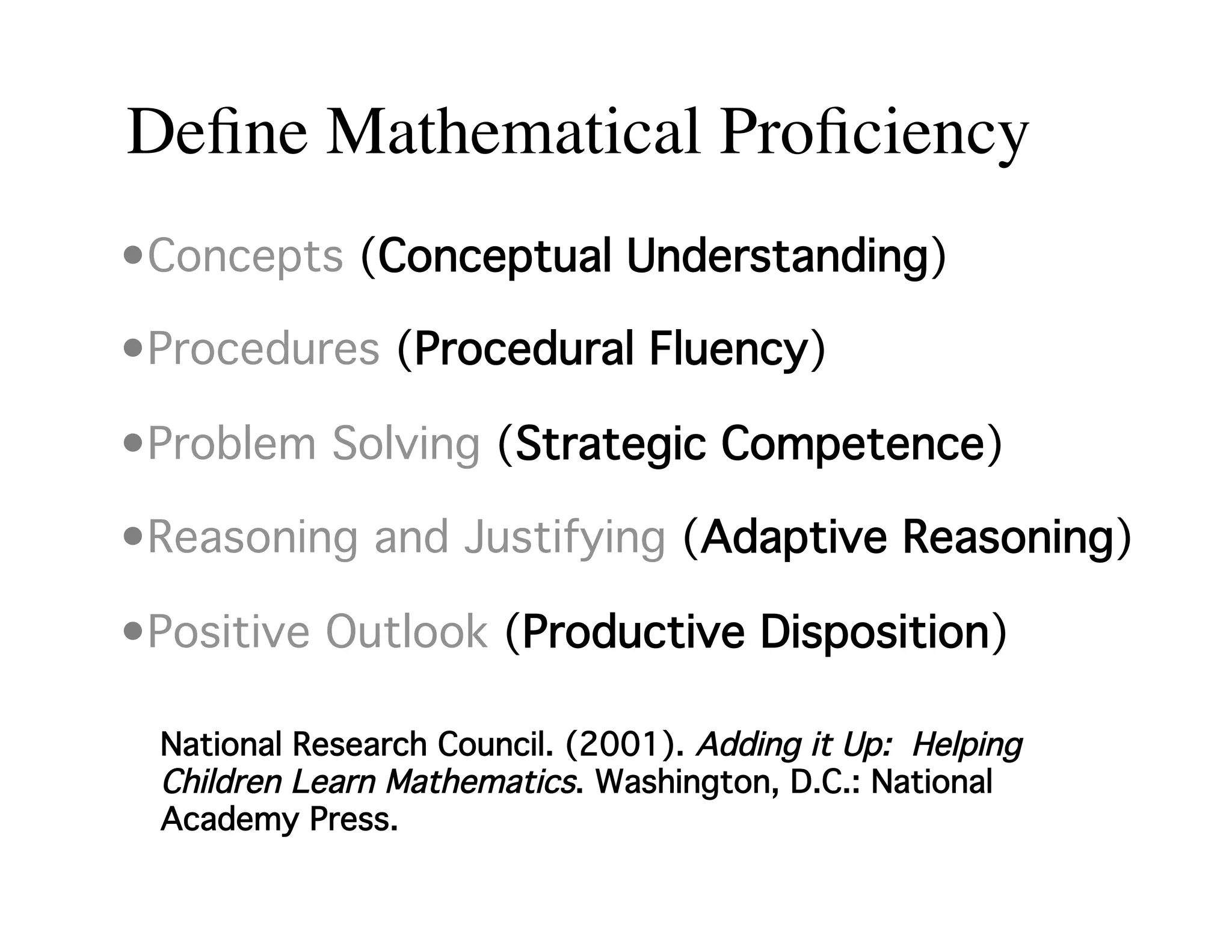 Define Mathematical Proficiency 
• Concepts (Conceptual Understanding)! 
• Procedures (Procedural Fluency)! 
• Problem Solving (Strategic Competence)! 
• Reasoning and Justifying (Adaptive Reasoning)! 
• Positive Outlook (Productive Disposition)! 
National Research Council. (2001). Adding it Up: Helping 
Children Learn Mathematics. Washington, D.C.: National 
Academy Press.! 
 