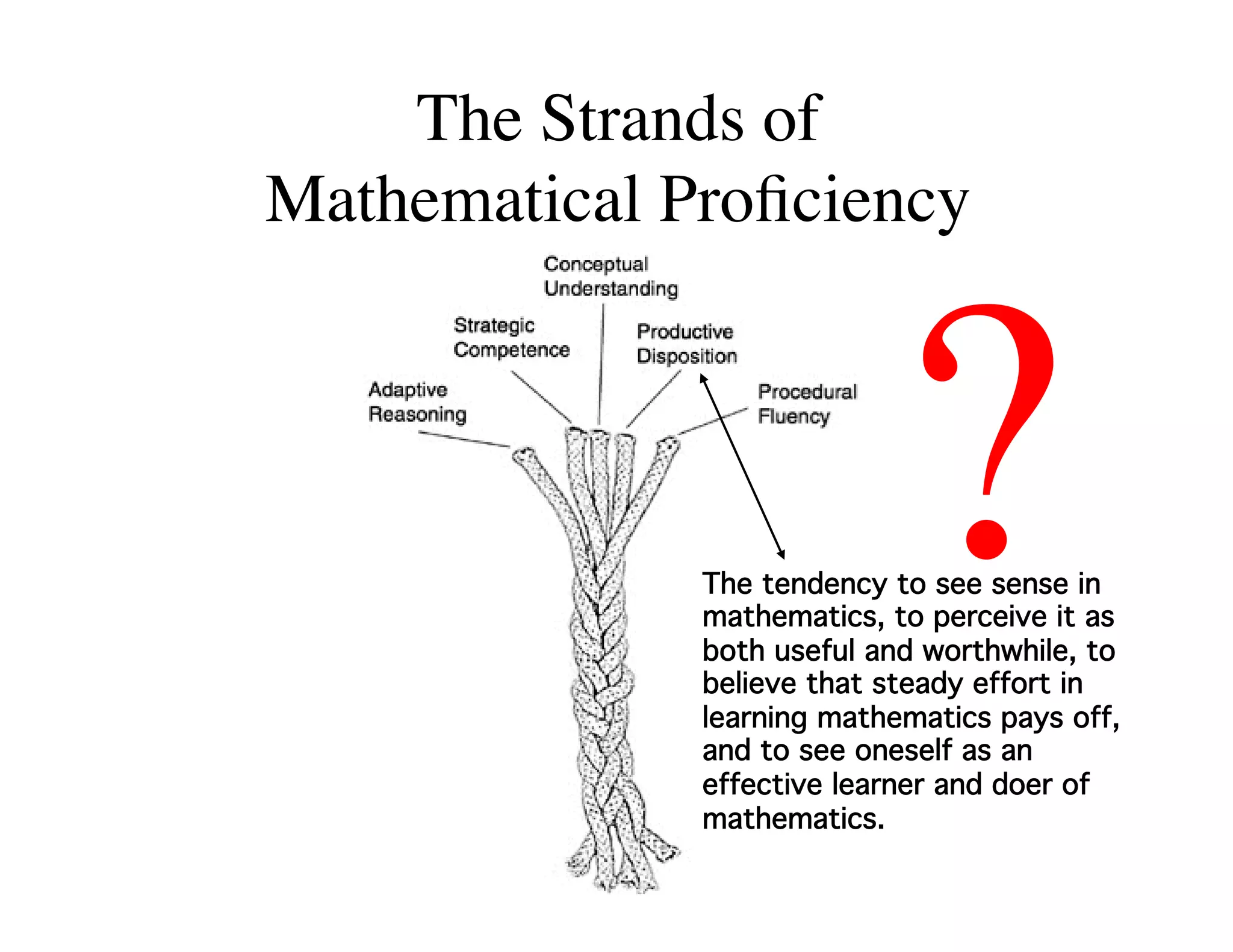 The Strands of  
Mathematical Proficiency 
? 
The tendency to see sense in 
mathematics, to perceive it as 
both useful and worthwhile, to 
believe that steady effort in 
learning mathematics pays off, 
and to see oneself as an 
effective learner and doer of 
mathematics.! 
 