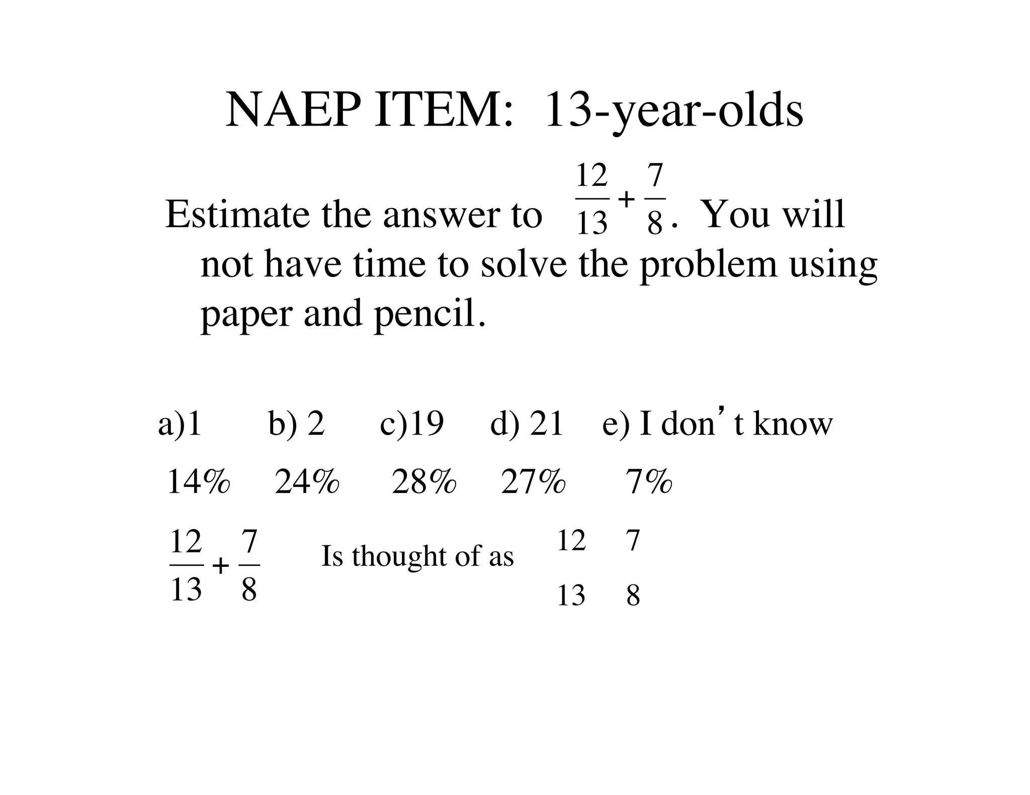 NAEP ITEM: 13-year-olds 
Estimate the answer to . You will 
not have time to solve the problem using 
paper and pencil. 
€ 
12 
13 
+ 
7 
8 
a)1 b) 2 c)19 d) 21 e) I don’t know 
14% 
24% 
28% 
27% 
7% 
€ 
12 
13 
+ 
7 
8 
Is thought of as 
12 7 
13 8 
 