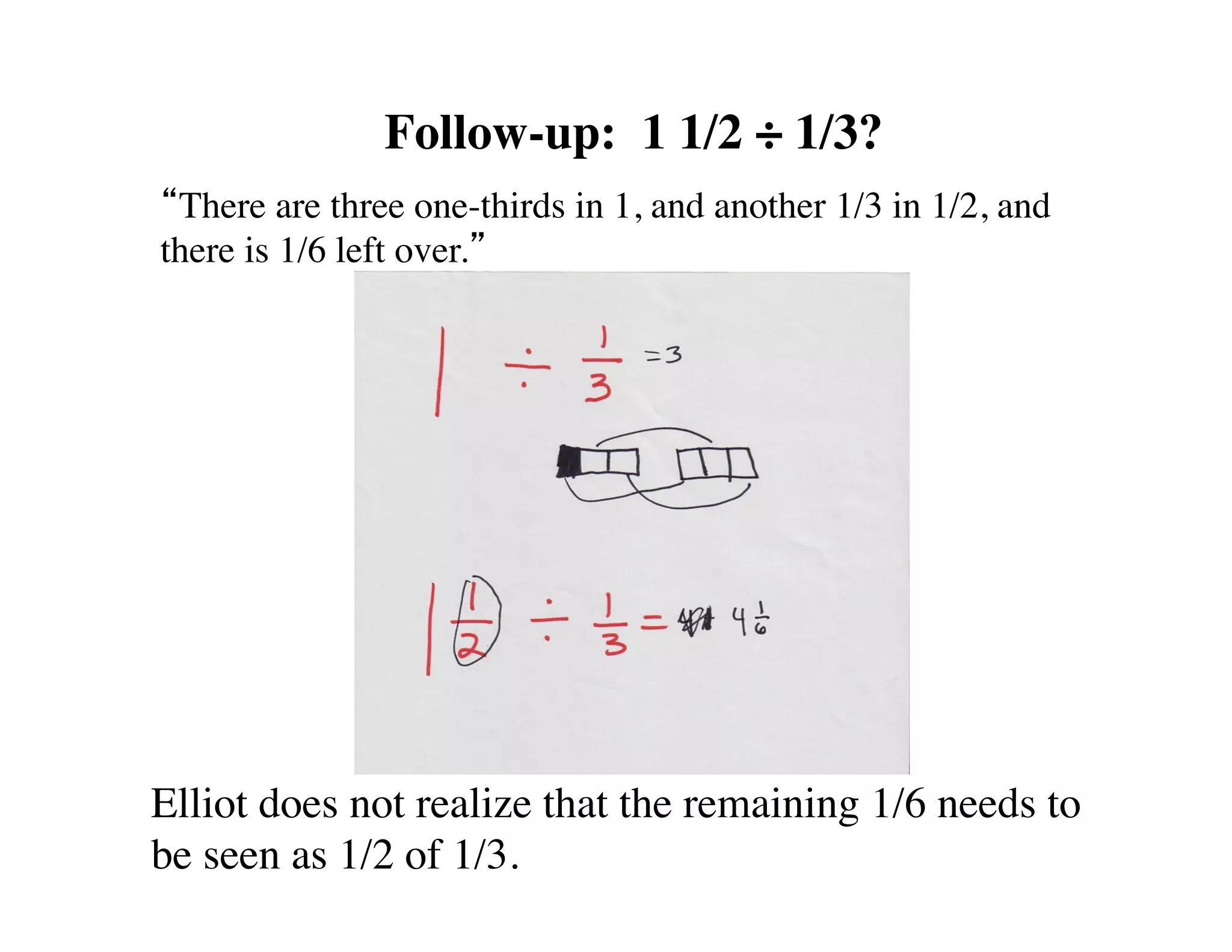 Follow-up: 1 1/2 ÷ 1/3? 
“There are three one-thirds in 1, and another 1/3 in 1/2, and 
there is 1/6 left over.” 
Elliot does not realize that the remaining 1/6 needs to 
be seen as 1/2 of 1/3. 
 