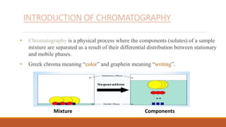 INTRODUCTION OF CHROMATOGRAPHY
• Chromatography is a physical process where the components (solutes) of a sample
mixture are separated as a result of their differential distribution between stationary
and mobile phases.
• Greek chroma meaning “color” and graphein meaning “writing”.
Mixture Components
 