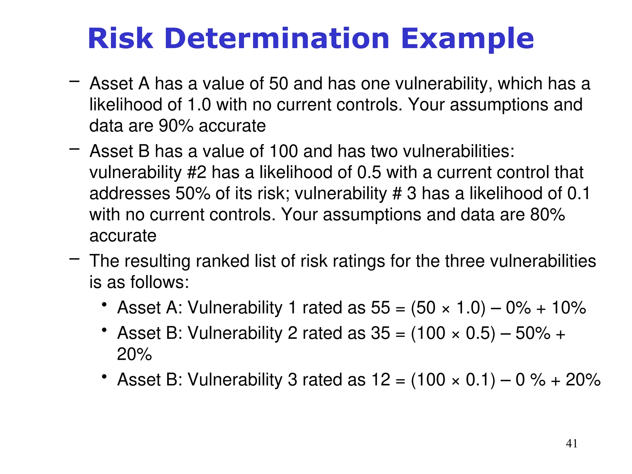 41
Risk Determination Example
– Asset A has a value of 50 and has one vulnerability, which has a
likelihood of 1.0 with no current controls. Your assumptions and
data are 90% accurate
– Asset B has a value of 100 and has two vulnerabilities:
vulnerability #2 has a likelihood of 0.5 with a current control that
addresses 50% of its risk; vulnerability # 3 has a likelihood of 0.1
with no current controls. Your assumptions and data are 80%
accurate
– The resulting ranked list of risk ratings for the three vulnerabilities
is as follows:
• Asset A: Vulnerability 1 rated as 55 = (50 × 1.0) – 0% + 10%
• Asset B: Vulnerability 2 rated as 35 = (100 × 0.5) – 50% +
20%
• Asset B: Vulnerability 3 rated as 12 = (100 × 0.1) – 0 % + 20%
Management of Information Security, 3rd ed.
 