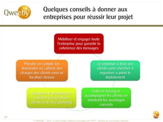 Quelques conseils à donner aux
                      entreprises pour réussir leur projet


                                     Mobiliser et engager toute
                                    l’entreprise pour garantir la
                                      cohérence des messages



       Prendre en compte les                                                Le proposer à tous ses
      demandes ou cahiers des                                               clients sans chercher à
     charges des clients sans se                                              organiser a priori le
          focaliser dessus                                                        déploiement


                                                                   Eviter le forcing et
            Organiser le planning en
                                                               accompagner les clients en
              fonction des réponses
                                                                 montrant les avantages
           clients et de leur planning
                                                                        concrets


10
             © QWEEBY – 2012 – La technologie Qweeby est protégée par l’APP – Qweeby est une marque déposée
 
