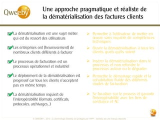 Une approche pragmatique et réaliste de
                           la dématérialisation des factures clients

a dématérialisation est une sujet métier
⃞ La
  qui est du ressort des utilisateurs
                                                                         Permettre à l’utilisateur de mettre en
                                                                          œuvre sans requérir de compétences
                                                                          techniques
a entreprises ontdifférents à facturer
⃞ Les
  nombreux clients
                      (heureusement) de                                  Ouvrir la dématérialisation à tous les
                                                                          clients, quels qu’ils soient

a processus de facturationindustriel
⃞ Le
  processus opérationnel et
                                est un                                   Insérer la dématérialisation dans le
                                                                          processus et non refondre le
                                                                          processus autour ou le dégrader
a déploiement de lesdématérialisation est
⃞ Le
  progressif car tous
                      la
                         clients n’acceptent
                                                                         Permettre le démarrage rapide et la
                                                                          cohabitation fluide des différents
    pas en même temps                                                     modes de facturation

a dématérialisation requiert de
⃞ La
  l’interopérabilité (formats, certificats,
                                                                         Se focaliser sur le process et garantir
                                                                          l’interopérabilité avec les tiers de
                                                                          confiance et AC
    protocoles, archivages…)


                  © QWEEBY – 2012 – La technologie Qweeby est protégée par l’APP – Qweeby est une marque déposée
 