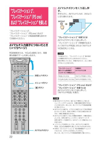 AV
                                           2                                        AV
                                               PS one
                                                                              b
                                      2
                                          PS one
                                                                                             2
                                                                   AV
                                                                                             2
AV                                                                     AV            RGB                AV
1173                                                               Y/CB/CR

RGB                                 Y/CB/CR
                                                                                                        2
                                                                              AV




                                                                                     2
                                                                                             AV


                                                     /f/F           RGB                      AV      RGB

                                                                    Y CB/PB CR/PR            AV     Y/CB/CR


                                                                                                 PS one

               BS        CS    10
                                                                   AV
     NHK1       NHK2          NHKh                                  AV         RGB
      1             2             3
     BS         BS             BS-i
      4             5             6
      BSJ       BS             WOW
      7             8             9                         •
      10            11         12



          1         2         3                             • AV

          4         5         6
          7         8         9                             • AV
                                                                         DRC-MF                   112
          10        11        12                                DRC-MF                   114


                                                            •                                AV
                                                                RGB Y/CB/CR
                                                            •                            2
                                                AV


22
 