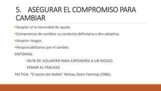 5. ASEGURAR EL COMPROMISO PARA
CAMBIAR
Aceptar el la necesidad de ayuda.
Compromiso de cambiar su conducta deficitaria o des adaptiva.
Aceptar riesgos.
Responsabilizarse por el cambio.
SINTOMAS:
FALTA DE VOLUNTAD PARA EXPONERSE A UN RIESGO.
TEMOR AL FRACASO
TACTICA: “El pacto del diablo” Mckay, Davis Fanning (1986).
 
