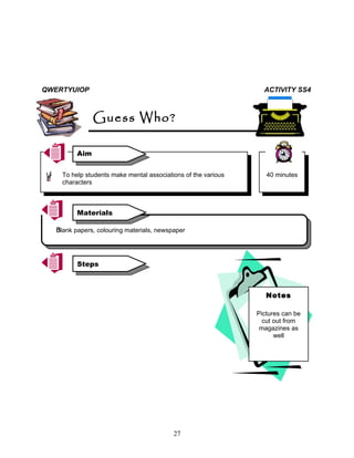 QWERTYUIOP                                                        ACTIVITY SS4



                Guess Who?

          Aim


     To help students make mental associations of the various      40 minutes
     characters



          Materials

   B
   Blank papers, colouring materials, newspaper




          Steps



                                                                   Notes

                                                                Pictures can be
                                                                  cut out from
                                                                 magazines as
                                                                      well




                                           27
 