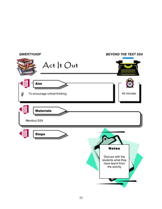 QWERTYUIOP                                   BEYOND THE TEXT SS4


               Act It Out

         Aim


    To encourage critical thinking.                      40 minutes




         Materials


   H
   Handout SS4



         Steps



                                               Notes

                                            Discuss with the
                                           students what they
                                            have learnt from
                                               the activity




                                      53
 
