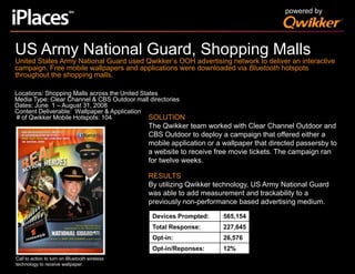 powered byUS Army National Guard, Shopping Malls United States Army National Guard used Qwikker’s OOH advertising network to deliver an interactive campaign. Free mobile wallpapers and applications were downloaded via Bluetooth hotspots throughout the shopping malls.Locations: Shopping Malls across the United StatesMedia Type: Clear Channel & CBS Outdoor mall directoriesDates: June  1 – August 31, 2008Content Deliverable:  Wallpaper & Application # of Qwikker Mobile Hotspots: 104SOLUTIONThe Qwikker team worked with Clear Channel Outdoor and CBS Outdoor to deploy a campaign that offered either a mobile application or a wallpaper that directed passersby to a website to receive free movie tickets. The campaign ran for twelve weeks.RESULTSBy utilizing Qwikker technology, US Army National Guard was able to add measurement and trackability to a previously non-performance based advertising medium. Call to action to turn on Bluetooth wireless technology to receive wallpaper.