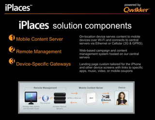 powered bysolution componentsOn-location device serves content to mobile devices over Wi-Fi and connects to central servers via Ethernet or Cellular (3G & GPRS).Web-based campaign and content management system hosted on our central serversLanding page custom tailored for the iPhone and other device screens with links to specific apps, music, video, or mobile couponsMobile Content ServerRemote ManagementDevice-Specific Gateways