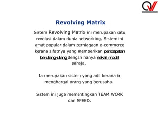 Sistem  Revolving Matrix  ini merupakan satu revolusi dalam dunia networking. Sistem ini amat popular dalam perniagaan e-commerce kerana sifatnya yang memberikan  pendapatan berulang-ulang  dengan hanya  sekali modal  sahaja.  Ia merupakan sistem yang adil kerana ia menghargai orang yang berusaha.  Sistem ini juga mementingkan TEAM WORK dan SPEED. Revolving Matrix 
