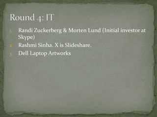 1. Randi Zuckerberg & Morten Lund (Initial investor at
   Skype)
2. Rashmi Sinha. X is Slideshare.
3. Dell Laptop Artworks
 