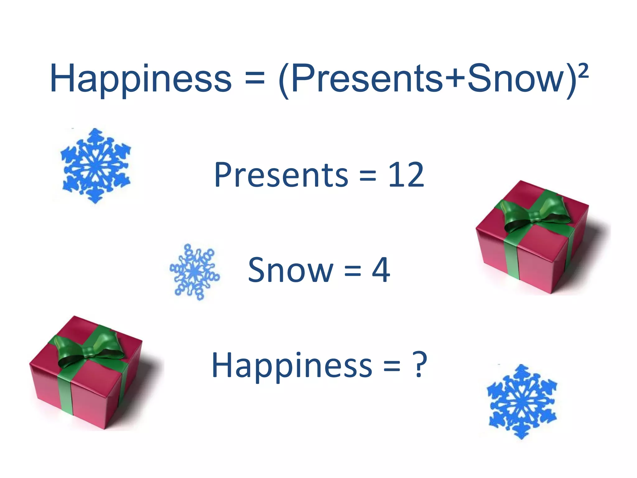 Happiness = (Presents+Snow) ² Presents = 12 Snow = 4 Happiness = ? 