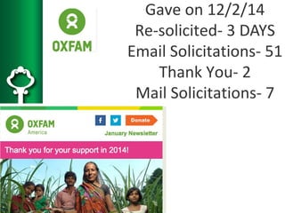 Gave on 12/2/14
Re-solicited- 3 DAYS
Email Solicitations- 51
Thank You- 2
Mail Solicitations- 7
 
