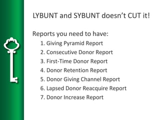 LYBUNT and SYBUNT doesn’t CUT it!
Reports you need to have:
1. Giving Pyramid Report
2. Consecutive Donor Report
3. First-Time Donor Report
4. Donor Retention Report
5. Donor Giving Channel Report
6. Lapsed Donor Reacquire Report
7. Donor Increase Report
 