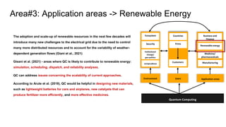 The adoption and scale-up of renewable resources in the next few decades will
introduce many new challenges to the electrical grid due to the need to control
many more distributed resources and to account for the variability of weather-
dependent generation flows (Giani et al., 2021)
Gieani et al. (2021) - areas where QC is likely to contribute to renewable energy:
simulation, scheduling, dispatch, and reliability analyses.
QC can address issues concerning the scalability of current approaches.
According to Arute et al. (2019), QC would be helpful in designing new materials,
such as lightweight batteries for cars and airplanes, new catalysts that can
produce fertilizer more efficiently, and more effective medicines.
Area#3: Application areas -> Renewable Energy
Environment Users Application areas
Quantum Computing
Ecosystem
Security
Institutional
change/
geo-politics
Jurisprudence
Countries
Firms
Customers
Business and
Finance
Renewable energy
Medicine/
pharmaceuticals
Manufacturing
 