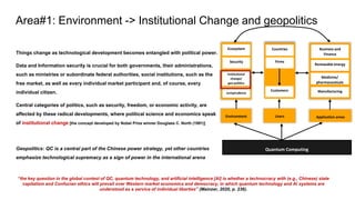 Things change as technological development becomes entangled with political power.
Data and Information security is crucial for both governments, their administrations,
such as ministries or subordinate federal authorities, social institutions, such as the
free market, as well as every individual market participant and, of course, every
individual citizen.
Central categories of politics, such as security, freedom, or economic activity, are
affected by these radical developments, where political science and economics speak
of institutional change [the concept developed by Nobel Prize winner Douglass C. North (1991)]
Geopolitics: QC is a central part of the Chinese power strategy, yet other countries
emphasize technological supremacy as a sign of power in the international arena
Area#1: Environment -> Institutional Change and geopolitics
Environment Users Application areas
Quantum Computing
Ecosystem
Security
Institutional
change/
geo-politics
Jurisprudence
Countries
Firms
Customers
Business and
Finance
Renewable energy
Medicine/
pharmaceuticals
Manufacturing
“the key question in the global contest of QC, quantum technology, and artificial intelligence [AI] is whether a technocracy with (e.g., Chinese) state
capitalism and Confucian ethics will prevail over Western market economics and democracy, in which quantum technology and AI systems are
understood as a service of individual liberties" (Mainzer, 2020, p. 236).
 