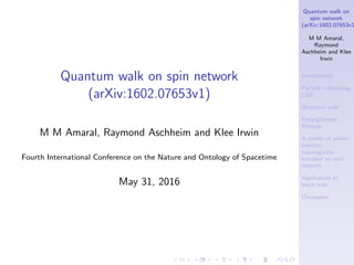 Quantum walk on
spin network
(arXiv:1602.07653v1
M M Amaral,
Raymond
Aschheim and Klee
Irwin
Introduction
Particle interacting
LQG
Quantum walk
Entanglement
Entropy
A model of walker
position
topologically
encoded on spin
network
Application to
black hole
Discussion
Quantum walk on spin network
(arXiv:1602.07653v1)
M M Amaral, Raymond Aschheim and Klee Irwin
Fourth International Conference on the Nature and Ontology of Spacetime
May 31, 2016
 