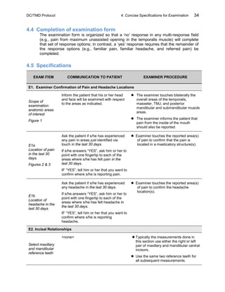 DC/TMD Protocol 4: Concise Specifications for Examination 34
4.4 Completion of examination form
The examination form is organized so that a ‘no’ response in any multi-response field
(e.g., pain from maximum unassisted opening in the temporalis muscle) will complete
that set of response options; in contrast, a ‘yes’ response requires that the remainder of
the response options (e.g., familiar pain, familiar headache, and referred pain) be
completed.
4.5 Specifications
EXAM ITEM COMMUNICATION TO PATIENT EXAMINER PROCEDURE
E1. Examiner Confirmation of Pain and Headache Locations
Scope of
examination:
anatomic areas
of interest
Figure 1
Inform the patient that his or her head
and face will be examined with respect
to the areas as indicated.
 The examiner touches bilaterally the
overall areas of the temporalis,
masseter, TMJ, and posterior
mandibular and submandibular muscle
areas.
 The examiner informs the patient that
pain from the inside of the mouth
should also be reported.
E1a
Location of pain
in the last 30
days.
Figures 2 & 3
Ask the patient if s/he has experienced
any pain in areas just identified via
touch in the last 30 days.
If s/he answers “YES”, ask him or her to
point with one fingertip to each of the
areas where s/he has felt pain in the
last 30 days.
IF “YES”, tell him or her that you want to
confirm where s/he is reporting pain.
 Examiner touches the reported area(s)
of pain to confirm that the pain is
located in a masticatory structure(s).
E1b
Location of
headache in the
last 30 days.
Ask the patient if s/he has experienced
any headache in the last 30 days.
If s/he answers “YES”, ask him or her to
point with one fingertip to each of the
areas where s/he has felt headache in
the last 30 days.
IF “YES”, tell him or her that you want to
confirm where s/he is reporting
headache.
 Examiner touches the reported area(s)
of pain to confirm the headache
location(s).
E2. Incisal Relationships
Select maxillary
and mandibular
reference teeth
<none>  Typically the measurements done in
this section use either the right or left
pair of maxillary and mandibular central
incisors.
 Use the same two reference teeth for
all subsequent measurements.
 