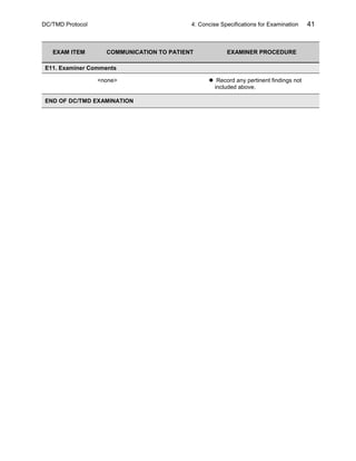 DC/TMD Protocol 4: Concise Specifications for Examination 41
EXAM ITEM COMMUNICATION TO PATIENT EXAMINER PROCEDURE
E11. Examiner Comments
<none>  Record any pertinent findings not
included above.
END OF DC/TMD EXAMINATION
 