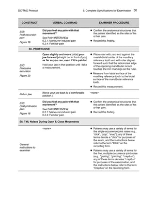 DC/TMD Protocol 5: Complete Specifications for Examination 50
CONSTRUCT VERBAL COMMAND EXAMINER PROCEDURE
E5B
Post excursion
pain
Figure 18
Did you feel any pain with that
movement?
See PAIN INTERVIEW
6.2.1: Maneuver-induced pain
6.2.4: Familiar pain
 Confirm the anatomical structures that
the patient identified as the sites of his
or her pain.
 Record this finding.
5C. PROTRUSIVE
E5C
Protrusive
excursion
Figure 20
Open slightly and move [slide] your
jaw forward [straight out in front of you]
as far as you can, even if it is painful.
Hold your jaw in that position until I take
a measurement.
 Place ruler with zero end against the
mesial-distal center of the maxillary
reference tooth and with ruler aligned
forward such that the labioincisal edge
of the opposing mandibular incisor
touches the mm markings on the ruler.
 Measure from labial surface of the
maxillary reference tooth to the labial
surface of the mandibular reference
tooth.
 Record this measurement.
Return jaw
[Move your jaw back to a comfortable
position.]
<none>
E5C
Post protrusion
pain
Figure 18
Did you feel any pain with that
movement?
See PAIN INTERVIEW
6.2.1: Maneuver-induced pain
6.2.4: Familiar pain
 Confirm the anatomical structures that
the patient identified as the sites of his
or her pain.
 Record this finding.
E6. TMJ Noises During Open & Close Movements
General
instructions to
examiner
<none>  Patients may use a variety of terms for
the single-occurrence joint noise (e.g.,
“click”, “pop”, “snap”); any of these
terms denote a “click” for purposes of
the exam, and the instructions below
refer to the term “Click” on the
recording form.
 Patients may use a variety of terms for
the fine, multiple-occurrence joint noise
(e.g., “grating”, “grinding”, “crepitus”);
any of these terms denotes “crepitus”
for purposes of the examination, and
the instructions below refer to the term
“Crepitus” on the recording form.
 