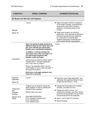 DC/TMD Protocol 5: Complete Specifications for Examination 54
CONSTRUCT VERBAL COMMAND EXAMINER PROCEDURE
E9. Muscle and TMJ Pain with Palpation
General
Figure 24
<none>  Select coverage method for palpation
of the larger muscles: comprehensive
where every part of the muscle is
palpated, or sampling areas of the
muscle.
 Select time duration for stimulus
application: (a) 2 seconds for efficiency
and ignoring referred pain diagnosis,
(b) 5 seconds to minimize false
negative diagnoses of referred pain
and to better identify hyperalgesia.
Instructions
Now I am going to apply pressure to
different areas of your head, face and
jaw, and I will ask you about pain,
familiar pain, and familiar headache.
In addition, I will ask whether the
pain stays only under my finger or if
you feel it also anywhere else
besides under my finger.
I will prompt you with the words “pain?”,
“familiar pain?”, “familiar headache?”,
and “only under my finger?”.
[Inquiry “go anywhere else?” can be
used instead of “only under my finger” if
the examiner prefers.]
Each time, I will apply pressure and
hold it for 5 seconds.
<none>
Examiner
calibration
Figure 25
<none>  Examiner uses “finger algometer” and
calibrates the respective finger of each
of right and left hand to 1.0 kg.
Temporalis
and
masseter
muscles
Figures 24 &
26-30
[Patient can be asked to clench the
teeth together in order to identify the
borders of the muscles.]
[Please relax your jaw.]
See PAIN INTERVIEW
6.2.2: Palpation-Induced pain
6.2.4: Familiar pain
6.2.5: Referred pain
 Palpate the temporalis and masseter
muscles, one side at a time.
 Palpate the entire muscle. For
systematic coverage, use three vertical
zones for the temporalis and use three
horizontal bands for the masseter.
 Apply 1 kg for total of 5 seconds.
 Record findings.
 