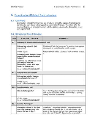 DC/TMD Protocol 6: Examination-Related Pain Interview 57
6 Examination-Related Pain Interview
6.1 Overview
Examination-related Pain Interview is a structured format for repeatedly eliciting and
clarifying the pain status with any positive examination findings. The intent is for the
examiner to probe in a neutral manner, with the patient providing the description of any
pain experienced.
6.2 Structured Pain Interview
ITEM INTERVIEW QUESTION COMMENTS
6.2.1 For range of motion maneuver-induced pain
Did you feel pain with that
movement?
The intent of “with that movement” is whether the procedure
caused pain or caused existing pain to change.
IF YES to pain:
Could you point with your finger
to each of the areas where you
felt pain?
Are there any other areas where
you felt pain with that
movement? Point [with your
finger] to those areas.
Go to FAMILIAR PAIN INQUIRY.
Refer to STRUCTURAL LOCALIZATION OF PAIN, Section
2.
6.2.2 For palpation-induced pain
Did you feel pain [in the area
where I applied pressure]?
IF YES to pain:
Go to FAMILIAR PAIN INQUIRY.
6.2.3 For click-related pain
Was that click painful? Insure that the patient distinguishes pain concurrent with the
click vs pain associated with the movement (i.e., opening,
closing, excursive movements).
IF YES to pain:
Go to FAMILIAR PAIN INQUIRY.
6.2.4 Familiar Pain Inquiry
Is this pain familiar to any pain
you have experienced in this
area in the last 30 days?
COMMENT 1: Regarding “familiar”, the examiner might
elaborate with something like “Is this pain familiar, that is,
similar or like, the pain that you have experienced in that
area in the last 30 days?” Capturing the construct of
 