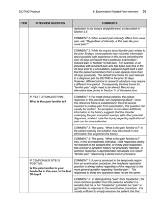 DC/TMD Protocol 6: Examination-Related Pain Interview 58
ITEM INTERVIEW QUESTION COMMENTS
replication is not always straightforward, as described in
Section 2.9.
COMMENT 2: When evoked pain intensity differs from usual
pain, ask: “Regardless of intensity, is this pain like your
usual pain?”
COMMENT 3: While the inquiry about familiar pain relates to
the prior 30 days, some patients may volunteer information
about possible pain experience in the period preceding the
prior 30 days and report that a particular examination-
induced pain is “familiar” to that pain. For example, in an
individual with recurrent pain who has been pain-free in the
30 days prior to a consultation, palpation might elicit a pain
that the patient remembers from a pain episode more than
30 days previously. The default time-frame for pain relevant
to a diagnosis per the DC/TMD is the prior 30 days.
However, different clinical or research situations may require
a different time period. Consequently the time frame for
“familiar pain” might need to be altered. Record any
alternative time period in Section 11 of the exam form.
IF YES TO FAMILIAR PAIN:
What is this pain familiar to?
COMMENT 1: For most clinical patients, the typical
response is “the pain that I am complaining about”. Once
this reference frame is established in the first several
inquiries to positive pain from examination, this question can
usually be omitted. An exception occurs when additional
information in the history suggests that the disorder
underlying the pain complaint overlaps with other potential
diagnoses, in which case the inquiry regarding replication of
pain can be more extensive.
COMMENT 2: The query, “What is this pain familiar to?” in
the patient seeking consultation may also result in new
information that augments the history
COMMENT 3: The query, “What is this pain familiar to?”
may, in the asymptomatic individual, yield responses clearly
not relevant to the present time, or it may yield responses
that uncover a symptom history not previously reported. A
common response in asymptomatic individuals is to report
“familiar pain” referencing a dental visit or procedure.
IF TEMPORALIS SITE IS
POSITIVE:
Is this pain familiar to your
headache in this area, in the last
30 days?
COMMENT 1: If pain is produced in the temporalis region
from an examination procedure, the headache replication
question is always asked regardless of the response to the
more general question regarding “familiar pain”. The
responses to these two questions need not be the same.
COMMENT 2. In distinguishing “pain” from “headache”, the
most common question from the patient is whether it is
sensible that his or her “headache” is familiar but “pain” is
not familiar in response to the examination procedure. It is
usually sufficient to simply reassure the patient that that
 