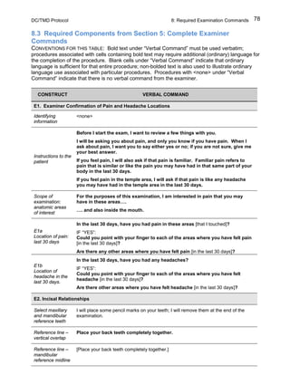 DC/TMD Protocol 8: Required Examination Commands 78
8.3 Required Components from Section 5: Complete Examiner
Commands
CONVENTIONS FOR THIS TABLE: Bold text under “Verbal Command” must be used verbatim;
procedures associated with cells containing bold text may require additional (ordinary) language for
the completion of the procedure. Blank cells under “Verbal Command” indicate that ordinary
language is sufficient for that entire procedure; non-bolded text is also used to illustrate ordinary
language use associated with particular procedures. Procedures with <none> under “Verbal
Command” indicate that there is no verbal command from the examiner.
CONSTRUCT VERBAL COMMAND
E1. Examiner Confirmation of Pain and Headache Locations
Identifying
information
<none>
Instructions to the
patient
Before I start the exam, I want to review a few things with you.
I will be asking you about pain, and only you know if you have pain. When I
ask about pain, I want you to say either yes or no; if you are not sure, give me
your best answer.
If you feel pain, I will also ask if that pain is familiar. Familiar pain refers to
pain that is similar or like the pain you may have had in that same part of your
body in the last 30 days.
If you feel pain in the temple area, I will ask if that pain is like any headache
you may have had in the temple area in the last 30 days.
Scope of
examination:
anatomic areas
of interest
For the purposes of this examination, I am interested in pain that you may
have in these areas….
…. and also inside the mouth.
E1a
Location of pain:
last 30 days
In the last 30 days, have you had pain in these areas [that I touched]?
IF “YES”:
Could you point with your finger to each of the areas where you have felt pain
[in the last 30 days]?
Are there any other areas where you have felt pain [in the last 30 days]?
E1b
Location of
headache in the
last 30 days.
In the last 30 days, have you had any headaches?
IF “YES”:
Could you point with your finger to each of the areas where you have felt
headache [in the last 30 days]?
Are there other areas where you have felt headache [in the last 30 days]?
E2. Incisal Relationships
Select maxillary
and mandibular
reference teeth
I will place some pencil marks on your teeth; I will remove them at the end of the
examination.
Reference line –
vertical overlap
Place your back teeth completely together.
Reference line –
mandibular
reference midline
[Place your back teeth completely together.]
 
