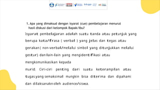 1. Apa yang dimaksud dengan isyarat (cue) pembelajaran menurut
hasil diskusi dari kelompok Bapak/Ibu?
Isyarat pembelajaran adalah suatu tanda atau petunjuk yang
berupa kata/frasa ( verbal ) yang jelas dan tegas atau
gerakan ( non-verbal/melalui simbol yang ditunjukkan melalui
gestur) dan lain-lain yang mengidentifikasi atau
mengkomunikasikan kepada
murid. Ciri-ciri penting dari suatu keterampilan atau
tugas.yang semaksimal mungkin bisa diterima dan dipahami
dan dilaksanakn oleh audience/siswa.
 