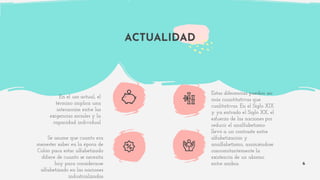 ACTUALIDAD
Se asume que cuanto era
menester saber en la época de
Colón para estar alfabetizado
difiere de cuanto se necesita
hoy para considerarse
alfabetizado en las naciones
industrializadas
Estas diferencias pueden ser
más cuantitativas que
cualitativas. En el Siglo XIX
y ya entrado el Siglo XX, el
esfuerzo de las naciones por
reducir el analfabetismo
llevó a un contraste entre
alfabetización y
analfabetismo, asumiéndose
concomitantemente la
existencia de un abismo
entre ambos.
En el uso actual, el
término implica una
interacción entre las
exigencias sociales y la
capacidad individual
6
 