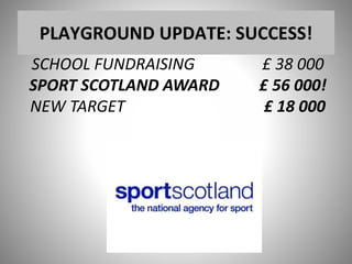 PLAYGROUND UPDATE: SUCCESS!
SCHOOL FUNDRAISING £ 38 000
SPORT SCOTLAND AWARD £ 56 000!
NEW TARGET £ 18 000
 