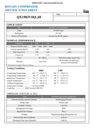 RIGID HVAC * http://www.rigidhvac.com
Noise 48↓dB(A) 90㎝ from surface,4ways Max
Max Current (A) 7.50 7.00 ±10%
Current (A) 1~4.1 1~4.1
Rotation Number (rpm) 2000 ～ 6000 2000 ～ 6000
Cooling capacity (Btu/h) 1,552 445 ±10%
Refrigerant R-134a
Source of Electricity Inverter for BLDC motor
NOMINAL PERFORMANCE
Conditions HBP LBP
APPLICATION
Sort Portable Cooling System
Type Portable type
QX1903VD(L)H
ROTARY COMPRESSOR
SPECIFICATION SHEET
Page : 1
Suction Pipe Inner Diameter 6.54 ㎜
Refrigerator Oil Type POE
Injected Oil Volume 40 cc
Weight 745g㎏(Including Refrigerator oil)
Pressure Inside Closed Container Discharging Pressure
Pump Type Rotary type
Cylinder Volume 1.9cc/rev
Liquid Temperature ........ ..... 115 ℉ (46.1 ℃) 90 ℉ (32.2 ℃)
Ambient Temperature ........... 95 ℉ (35.0 ℃) 90 ℉ (32.2 ℃)
Compressor Cooling ............... 1 m/s air cooling
Controller .................... R&Y Inverter DB1510
COMPRESSOR STRUCTURE & DATA
Type Hermetic type motor compressor
* Data may be changed. Only for reference.
Testing Conditions
HBP LBP
Condensing Temperature ........ 130 ℉ (54.4 ℃) 130 ℉ (54.4 ℃)
Evaporating Temperature ....... 50 ℉ ( 10.02 ℃) -10 ℉ ( -23.3 ℃)
Return Gas Temperature ........ 73 ℉ (22.7 ℃) 90 ℉ (32.2 ℃)
Vibration ≤0.65 m/s2
Shell surface circumference
direction half amplitude
Discharge Pipe Inner Diameter 6.00 ㎜
 