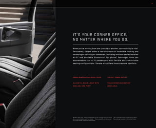 9
IT’S YOUR CORNER OFFICE, 	
NO MATTER WHERE YOU GO.
When you’re moving from one job site to another, connectivity is vital.
Fortunately, Savana offers a van-load worth of incredible thinking and
technologies to keep you connected, including available dealer-installed
Wi-Fi1
and available Bluetooth® for phone.2
Passenger Vans can
accommodate up to 15 passengers with flexible and comfortable
seating configurations. Savana also offers these creature comforts.
POWER WINDOWS AND DOOR LOCKS.
ALL-DIGITAL RADIO LINEUP WITH
AVAILABLE USB PORT.3
110-VOLT POWER OUTLET.
TOUCH-SCREEN NAVIGATION4
(AVAILABLE).
1
Monthly rates apply. Visit autonetmobile.com for coverage map and details. 2
Go to gmtotalconnect.com to find out which
phones are compatible with the vehicle. 3
Not compatible with all devices. 4
Map coverage available in the United States,
U.S. Virgin Islands, Puerto Rico and Canada.
 