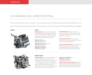 PERFORMANCE12
IN COMMAND AND UNDER CONTROL.
We know performance drives your business. That’s why Savana offers the widest choice of Professional Grade V-8s in its
class, the most powerful heavy-duty diesel1
and fuel options such as E85,2
biofuels and Compressed Natural Gas (CNG).
VORTEC
VORTEC ENGINES These technologically advanced
gas-powered engines in the Vortec family range from
a 4.8L V-8 to a 6.0L V-8. Each is designed to deliver
power, torque and efficiency to meet your needs for
confident daily driving, passing and trailering.
VORTEC 4.8L V-8 VVT (L20)
HORSEPOWER: 285 hp @ 5400 rpm
TORQUE: 295 lb-ft @ 4600 rpm
VORTEC 6.0L V-8 VVT (L96) FlexFuel Capable
HORSEPOWER: 342 hp @ 5400 rpm
TORQUE: 373 lb-ft @ 4400 rpm
VORTEC 6.0L V-8 VVT CNG (LC8)
HORSEPOWER: 282 hp @ 4800 rpm
TORQUE: 320 lb-ft @ 4400 rpm
CNG TECHNOLOGY GMC supports the goal of
reducing CO2 emissions by offering CNG technology
that significantly reduces vehicle emissions. Check
gmfleet.com for availability.
E85 FLEXFUEL CAPABILITY2
To give you more
choices at the pump, the Vortec 6.0L (L96) V-8 engine
is capable of running on E85 ethanol.
VARIABLE VALVE TIMING (VVT) All Vortec V-8 engines
use this technology to monitor and adjust valve
opening and closing points, giving you near-peak
levels of torque across the range of engine speeds.
DURAMAX DIESEL
DURAMAX POWER The most powerful available diesel
in its class uses high-pressure direct-injection
technology to run at peak efficiency and to start easily
in cold temperatures—as quickly as 3.0 seconds at
-40° F. The available Duramax 6.6L V-8 Turbo Diesel is
coupled to an automatic 6-speed transmission.
Together, they form a heavy-duty powertrain producing
a remarkable 525 lb-ft of torque at just 1600 rpm.
DURAMAX 6.6L V-8 TURBO DIESEL (LGH)
HORSEPOWER: 260 hp @ 3100 rpm
TORQUE: 525 lb-ft @ 1600 rpm
TRANSMISSION: 6-Speed Automatic
DURAMAX B20 BIODIESEL CAPABILITY The Duramax
Diesel is engineered to operate on B20 biodiesel, a
mixture of 20 percent biodiesel produced from domestic,
renewable resources and 80 percent petroleum diesel.
ENGINES
 
