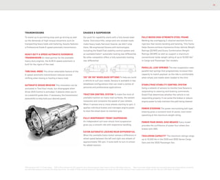 1
With Duramax 6.6L V-8 Turbo Diesel. 2
E85 is 85% ethanol and 15% gasoline. Go to afdc.energy.gov/afdc/fuels to find an E85 station near you. 3
Maximum trailer weight ratings are calculated assuming a base vehicle, except for
any option(s) necessary to achieve the rating, plus driver. The weight of other optional equipment, passengers and cargo will reduce the maximum trailer weight your vehicle can tow. See your GMC dealer for details.
13
TRANSMISSIONS
To stand up to punishing stop-and-go driving as well
as the demands of high-torque situations such as
transporting heavy loads and trailering, Savana features
a Professional Grade 6-speed automatic transmission.
HEAVY-DUTY 6-SPEED AUTOMATIC OVERDRIVE
TRANSMISSION An ideal partner for the available
heavy-duty engines, the 6L90 6-speed automatic is
built for the rigors of the road.
TOW/HAUL MODE This driver-selectable feature of the
6-speed automatic transmission reduces excess
shifting when towing or hauling a heavy load.
AUTOMATIC GRADE BRAKING This innovation can be
activated in Tow/Haul mode, but disengaged when
Driver Shift Control is activated. It detects when you’re
on a downhill grade then, if necessary, the transmission
downshifts to help hold your desired speed.
CHASSIS & SUSPENSION
Our push for capability starts with a fully boxed steel
frame. And since hills, ramps and rain-slicked roads
make heavy loads feel even heavier, we didn’t stop
there. We engineered Savana with technologies
including the StabiliTrak stability control system and
an available Eaton® automatic locking rear differential.
No other competitor offers a fully automatic locking
rear differential.
135" OR 155" WHEELBASE OPTIONS To help you build
a vehicle to suit your needs, Savana is available in two
wheelbase configurations that can meet a variety of
personal and professional applications.
TRACTION CONTROL SYSTEM To make the most of
available traction on many road surfaces, the system
measures and compares the speed of your wheels.
When it senses one or more wheels starting to spin, it
applies individual brakes and manages engine power
to slow the wheel down to maintain grip.
FULLY INDEPENDENT FRONT SUSPENSION 		
An independent coil-over-shock front suspension
gives you a smooth ride with responsive handling.
EATON AUTOMATIC LOCKING REAR DIFFERENTIAL
When the available Eaton locker senses a difference in
wheel speed between the left and right rear wheels of
approximately 100 rpm, it locks both to turn in unison
for added traction.
FULLY BOXED HIGH-STRENGTH STEEL FRAME
Welding two overlapping C-channel sections forms a
rigid box that resists bending and twisting. This frame
helps Savana achieve impressive Gross Vehicle Weight
Ratings (GVWR) and Gross Combination Weight
Ratings (GCWR) as well as support a maximum
conventional trailer weight rating of up to 10,000 lbs3
in Cargo and Passenger Van models.
PARALLEL LEAF SPRINGS The rear suspension uses
parallel leaf springs that progressively increase their
capacity to match payload, so the ride is comfortable
when empty and stable when loaded to the limit.
STABILITRAK STABILITY CONTROL SYSTEM
Using a network of sensors to monitor how Savana is
responding to steering and braking commands,
StabiliTrak determines whether the vehicle is not
responding properly. It can pulse the brakes or reduce
engine power to help maintain the path being steered.
POWER STEERING The power recirculating ball-type
steering gives a constant level of assist, even when
operating at the maximum weight rating.
POWER FOUR-WHEEL DISC BRAKES Every model
provides the confidence of power four-wheel disc
brakes with ABS.
TRAILERING CAPACITY3
The maximum ratings range
up to 10,000 lbs in the 2500 and 3500 Series Cargo
Vans and the 3500 Passenger Van.
 