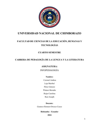1
Carátula
UNIVERSIDAD NACIONAL DE CHIMBORAZO
FACULTAD DE CIENCIAS DE LA EDUCACIÓN, HUMANAS Y
TECNOLOGÍAS
CUARTO SEMESTRE
CARRERA DE PEDAGOGÍA DE LA LENGUA Y LA LITERATURA
ASIGNATURA:
INFOPEDAGOGÍA
Nombre:
Coronel Andrea
Loja Maribel
Pérez Génesis
Pilataxi Bersabe
Rojas Carolina
Ruiz Joseph
Docente:
Gustavo Homero Orozco Cazco
Riobamba – Ecuador
2024
 