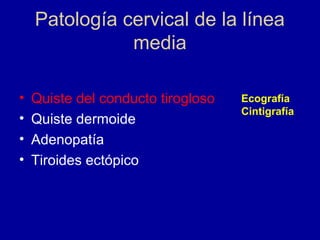 Patología cervical de la línea
media
• Quiste del conducto tirogloso
• Quiste dermoide
• Adenopatía
• Tiroides ectópico
Ecografía
Cintigrafía
 