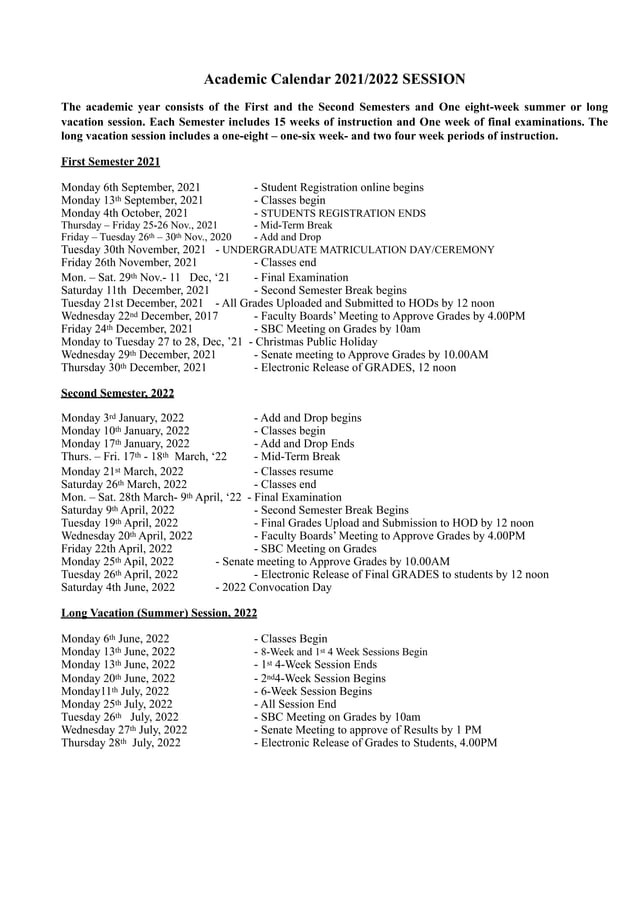 UNIABUJA Academic Calendar for 2019/2020 Academic Session PDF