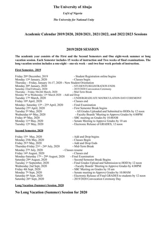 UNIABUJA Academic Calendar for 2019/2020 Academic Session | PDF