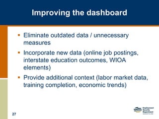27
Improving the dashboard
 Eliminate outdated data / unnecessary
measures
 Incorporate new data (online job postings,
interstate education outcomes, WIOA
elements)
 Provide additional context (labor market data,
training completion, economic trends)
 
