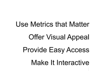 33
33
Principles
Use Metrics that Matter
Offer Visual Appeal
Provide Easy Access
Make It Interactive
 