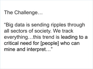 The Challenge…
“Big data is sending ripples through
all sectors of society. We track
everything…this trend is leading to a
critical need for [people] who can
mine and interpret…”
 