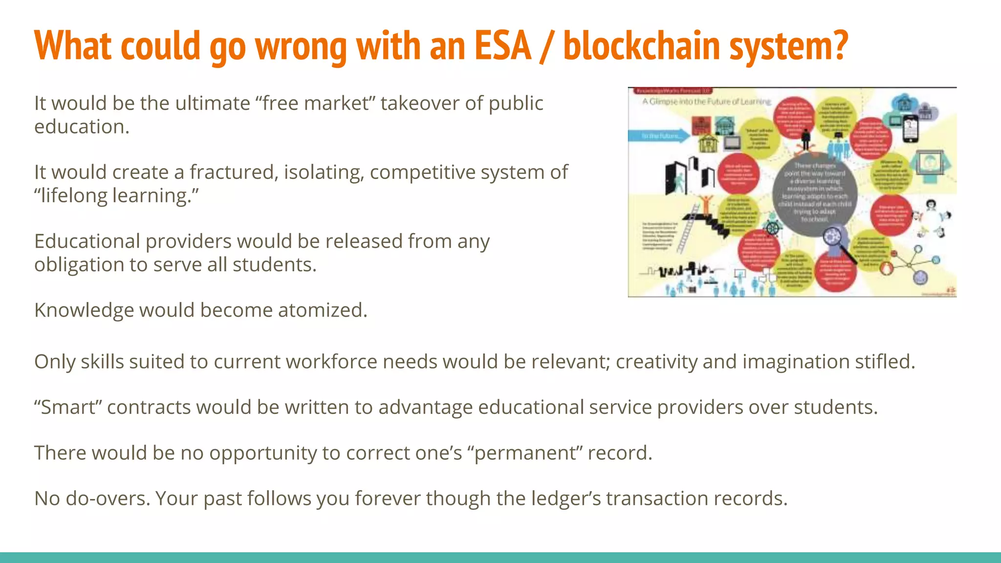 What could go wrong with an ESA / blockchain system?
It would be the ultimate “free market” takeover of public
education.
It would create a fractured, isolating, competitive system of
“lifelong learning.”
Educational providers would be released from any
obligation to serve all students.
Knowledge would become atomized.
Only skills suited to current workforce needs would be relevant; creativity and imagination stifled.
“Smart” contracts would be written to advantage educational service providers over students.
There would be no opportunity to correct one’s “permanent” record.
No do-overs. Your past follows you forever though the ledger’s transaction records.
 